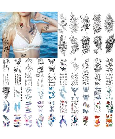60 Sheets Temporary Tattoos for Women- Long Lasting Tattoo Stickers for Men Realistic Flower Snake Temp Tattoos Waterproof 3D Black for Adults  Teens  Party  Bar