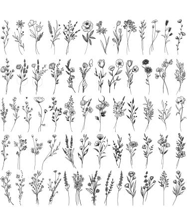 15 Sheets FANRUI Tiny Branch Black Flower Temporary Tattoos For Women Girl Floral Bouquet Small Tattoo Temporary Wild Plant Lavender Sweet Pea Larkspur Fake Tatoo Adults Face Hands Kids Kit Sticker