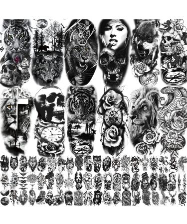 XIYOKA 72 Sheets Temporary Tattoos  Include 12 Sheets Large Black 3D Realistic Tattoos Forearm Half Sleeve Temporary Tattoos  Tiger Lion Wolf Skeleton Fake Tattoos Stickers  Black Skull Halloween Tattoos - Buy Online on GoSupps.com