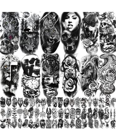 XIYOKA 72 Sheets Temporary Tattoos  Include 12 Sheets Large Black 3D Realistic Tattoos Forearm Half Sleeve Temporary Tattoos  Tiger Lion Wolf Skeleton Fake Tattoos Stickers  Black Skull Halloween Tattoos