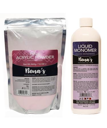 Nena's 16oz Acrylic Liquid monomer + 16oz Clear Acrylic Powder Made in USA Clear Pink (Pink)