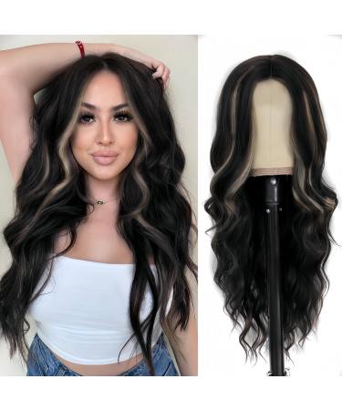 testar 28 Inch Long Black Wigs For Women Blonde Highlights Wavy Curly Wig Middle Part Natural Glueless Synthetic Wig For Daily Party Use Black Blonde Highlights