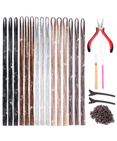 Goabroa Hair Tinsel Kit with Tools  47 Inches 5 Colors 2550 Strands Heat Resistant Glitter Hair Extensions  Sparkling Shiny Fairy Hair Tinsel (Black  Brown  Silver  Mixed Three Colors  Mixed Seven Colors) Multi 5 Colors ...
