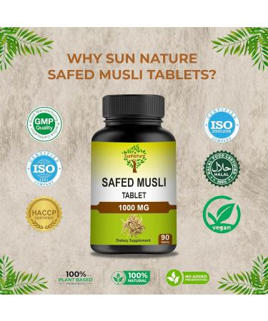 SunNature 1000 mg Safed Musli Tablets| Pure & Natural Herbal Supplement for Men & Women | Plant Based Gluten Free | GMP Certified Free from Chemical & Preservative | 90 Tablets 45 Days Supply - Buy Online on GoSupps.com