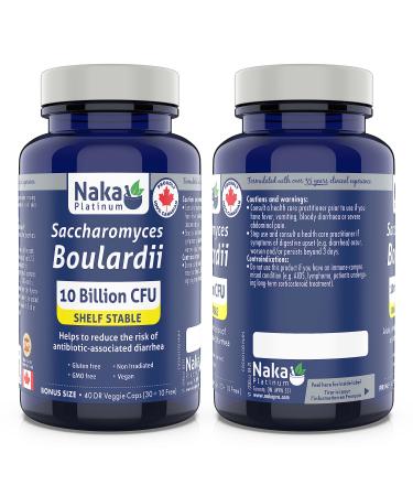 Naka Platinum Saccharomyces Boulardii 40 Capsules 10 Billion CFU Ultimate Probiotic-To Help Prevent Antibiotic Caused Diarrhea Promote Healthy Gut Flora Gastrointestinal Health- Made In Canada