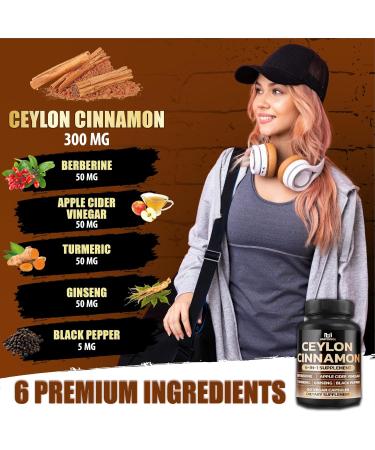 Ceylon Cinnamon Capsules with Berberine HCl Supplement - Panax Ginseng Apple Cider Vinegar Turmeric Curcumin - Support Immunity & Energy Production - 60 Capsules - 2 Month Supply - Buy Online on GoSupps.com