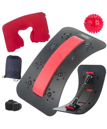 Back Cracking Device Stretcher for Lower Back Pain Relief, Back Cracker Board, Chiro Board - Back Stretching Device with Spiky Massage Ball, Inflatable Neck Pillow, Chair Straps & Carrying Bag – Red