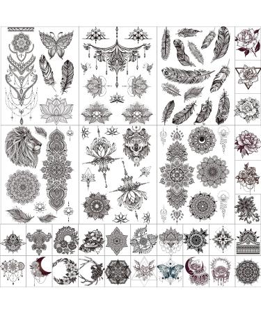 32 Sheets Black Henna Temporary Tattoos for Adults Women Girls  Feather Mandala Flower Body Art Large Big Arm Tattoos Sheet Lace Mehndi Mandala Tattoo