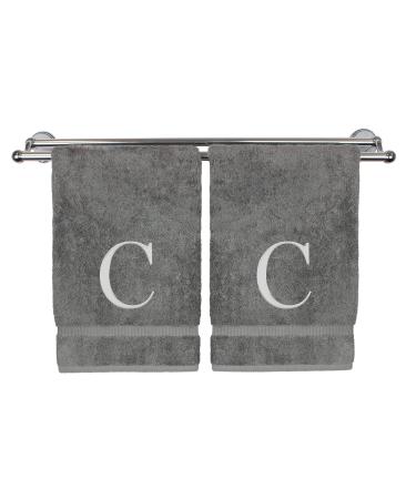 Monogrammed Hand Towel, Personalized Gift, Set of 2- Silver Block Letter Embroidered Towel - Extra Absorbent 100% Turkish Cotton - Soft Terry Finish - Initial C Gray Initial C Gray & Silver