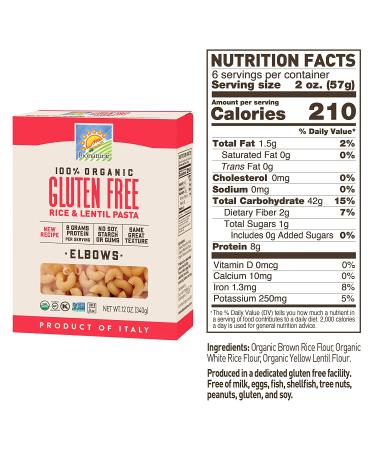 Bionaturae Organic Rice & Lentil Elbows Pasta - Gluten-Free, Non-GMO, Kosher - Made in Italy - 12 oz (Pack of 6) - Buy Online on GoSupps.com