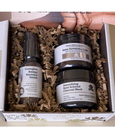 Ageless Millennial Aesthetics - Nights Skin Care Gift Box - 1 Detoxifying Charcoal Mask - 2.0oz 1 Moonglow Retinyl Recovery Serum - 1.0oz and 1 Detox Revitalizing Cream - 2.0oz
