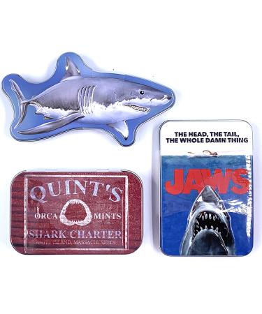 Jaws Collectible Candy Tin Bundle - Three (3) Tins filled with 3 Different Flavors & Shapes. Tins include: Jaws Movie Poster Quint Orca Mints and Great White Shark Maneater