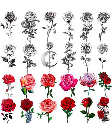 EGMBGM 24 Sheets Black Sketch Rose With Snake Temporary Tattoos For Women, Sexy Red Rose Branch Crescent Moon Tattoo Sticker For Girls, Waterproof Arm Leg Neck Fake Flowers Tattoo Temporary Tatoo Kit