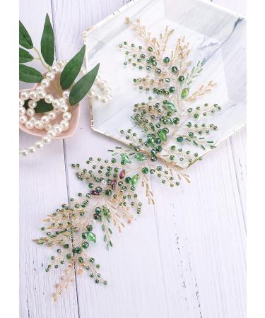 Kercisbeauty Green Beads Headpiece with Earrings Gold Headband for Brides Side Headband Hair Accessories Vintage Wedding Jewelry Handmade - Buy Online on GoSupps.com