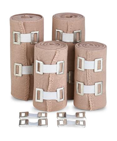 Elastic Compression Bandage Wrap - Premium Quality (Set of 4) with Hooks, Athletic Sport Support Tape Rolls for Ankle, Wrist, Arm, Leg Sprains | Each First Aid Bandages Roll Measures 4 Inch x 5 Feet