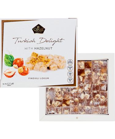 Cerez Pazari Turkish Delight Hazelnut Candy Gourmet Premium Vegan Sweets 14.8oz Gift Box | Glucose-Free Lokum Dessert | Traditional Soft Candy | Approx. 42 Pcs - Buy Online on GoSupps.com