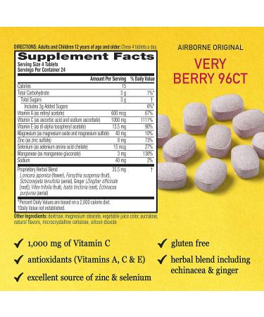 Airborne 1000mg Vitamin C Chewable Tablets Citrus & Very Berry Flavor Bundle - Immune Support with Zinc and Antioxidants - 2x96ct Bottles - Buy Online on GoSupps.com