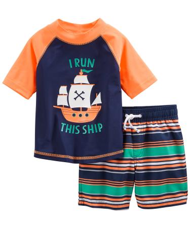 Simple Joys by Carter's Baby Boys' Swimsuit Trunk and Rashguard Set Rash Guard 3-6 Months Navy Orange Ships/White Stripes