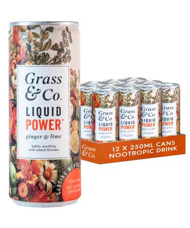 Grass & Co. Grass & Co. Nootropics Energy Drinks with Vitamin B12 Shiitake Mushroom (1000 mg) Holy Basil Natural Caffeine and More | Liquid Power | Ginger & Lime | Low