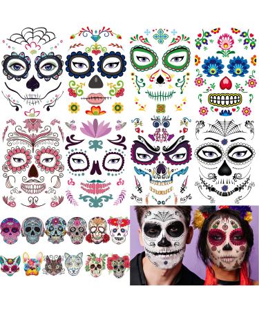 20 Sheets Day of the Dead Face Sugar Skull Tattoos  Including 8 Large Sheets Halloween Temporary Face Tattoos  Halloween Sugar Skull Face Tattoos