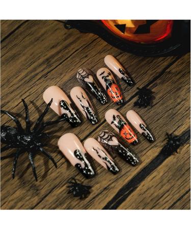 Nail art patches beautiful and fashionable nail patches finger decorations beauty decoration supplies wearable fake nails Halloween manicure black French flame hearts spider web pumpkin bat wear Jp2506 - Buy Online on GoSupps.com