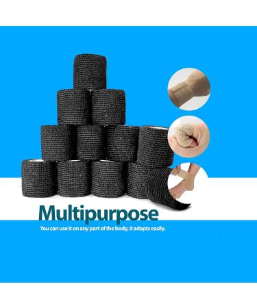 Self Adhesive Bandage Wrap - Breathable Water-Resistant Vet Wrap for First Aid - 12 Rolls 2" x 5 Yards - Black - Buy Online on GoSupps.com