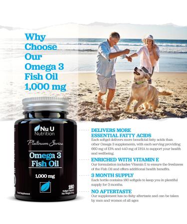 Omega 3 Fish Oil 1000mg - 180 Softgel Capsules - 3 Month Supply | Double Strength EPA 660mg & DHA 440mg with Vitamin E - Buy Online on GoSupps.com