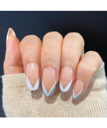 Novo ovo nails to stick on short medium -length oval almond v form silver glitter French tip press on naked French artificial fingernails to stick on artificial nails with glue arabian silver