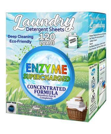 Laundry Detergent Sheets (120 Loads) Eco-Friendly Hypoallergenic & Enzyme-Based Powerful Stain Removal - Convenient for Travel & Space-Saving - Fresh Scent (Fresh Scent)