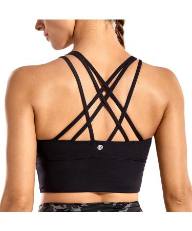 CRZ YOGA Women's Strappy Longline Sports Bras - Wirefree Padded Medium Impact Workout Crop Tank Top Large Black