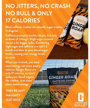 Ginger Roars - 60 Energy Gummies - Vegan Caffeine Chews Each 33mg Made with a Tasty Natural Fiery Kick for Improved Running Cycling Preworkout & Focus. 1 Bag - 60 Energy Chews - Buy Online on GoSupps.com
