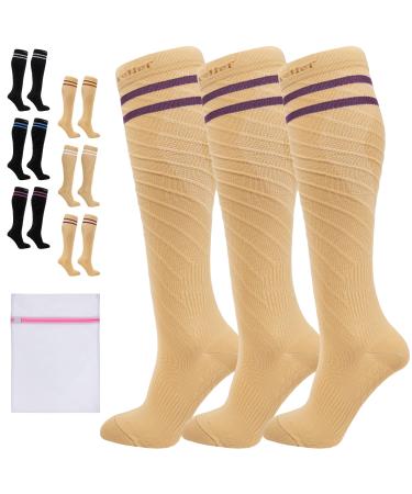 360 RELIEF - Flight Compression Socks Supports | Blood Circulation Travel Work S-M 3Pairs-Beige with 2 Plum Purple lines