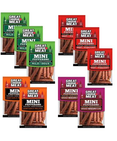 Sample Flavour Mini Peppperoni Smokey Bacon Honey Garlic Hot Mild Pepperoni Sticks Bulk Snack Box Pepperettes Bundle 10 x 225g Bags by Great Canadian Meat Meat Snacks Bulk Pepperoni Sticks Box For Carnivores. Perfect For Snacking Keto Friendly Gluten Free