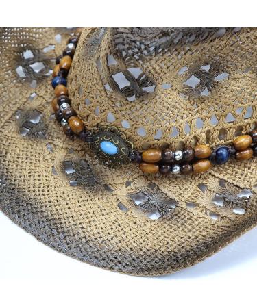 Jiaoji Men & Women's Woven Straw Cowboy Hat | Shapeable Brim Beach Cowgirl Tea Coffee/Beads - Buy Online on GoSupps.com