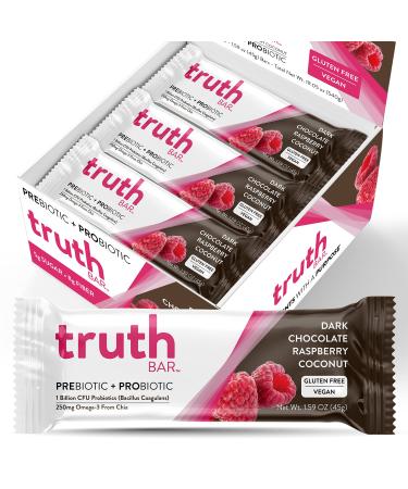 Truth Bar Healthy Snack, Omega 3 from Chia, Plant based, Prebiotics & Probiotics, High fiber, Low sugar, Keto, Kosher, Dark Chocolate, Vegan, Gluten Free, 12 Ct, 45g ea. Raspberry Coconut 12 Count (Pack of 1)