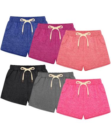 Poroka 6 Pack Girls Dry-fit Running Shorts Active Performance Short Summer Sports Shorts with Drawstring Pocket for Kids 8-9 Years Black Grey Navy Pink Hot Pink Burgundy