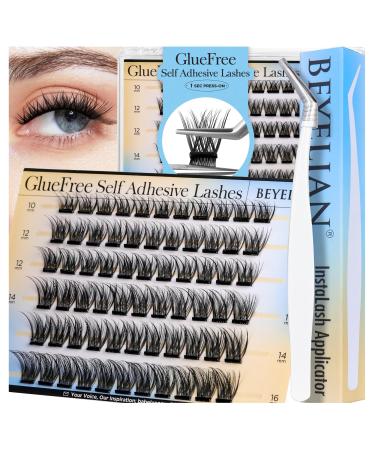 BEYELIAN Self Adhesive Eyelashes Clusters Press On Lashes Pre Glued Eyelash Extension Kit with Lash Tweezer 10-16mm No Glue No Remover Needed Self Adhesive Lashes Clusters D Curl 66 PCS D Curl-ZNF21-6ROW