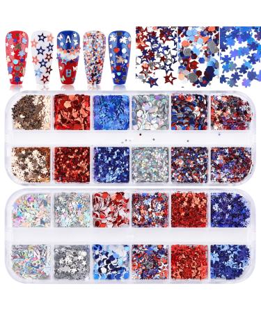Independence Day Glitter Nail Sequins  Kalolary 4th of July Star Glitter Red Blue Silver Holographic Paillette Mixed Sequins for America Patriotic Face Makeup Nail Decoration (Independence Day)
