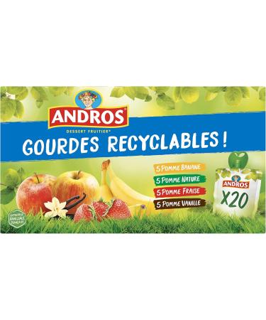  ANDROS ANDROS - Fruit Compote - Recyclable Pouch - Reduced Fat - Apple + Apple/Banana + Apple/Strawberry + Apple/Vanilla Flavors - Ideal for Children's and Babies' Snacks - Pack of 20 - Buy Online on GoSupps.com