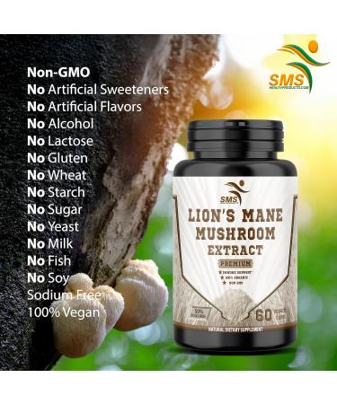 SMSHEALTHPRODUCTS.com Lion's Mane Pills Mushroom Cognition Capsules (60 Veggie Capsules) 30% Polysaccharides- Lions Mane Extract Capsules | Brain Supplement for Brain Health and Memory Support - Buy Online on GoSupps.com