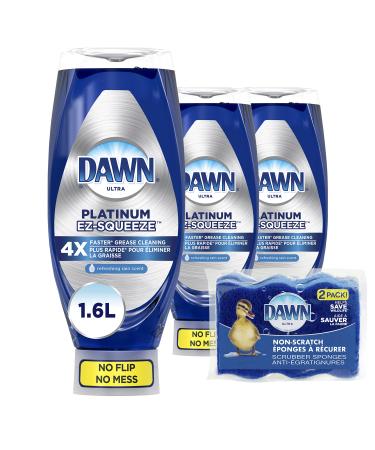Dawn EZ-Squeeze Platinum Dishwashing Liquid Dish Soap Refreshing Rain Scent 535 ml (Pack of 3) + Dawn Non-Scratch Kitchen DIsh Sponges (Pack of 2) 321 ml (Pack of 5)