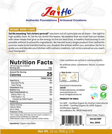 Organic Onion Flakes 2 LB - Gluten-Free Vegan Non-GMO - Resealable Pouch by Jai Ho - Buy Online on GoSupps.com
