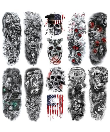 12 Sheets PADOUN Temporary Tattoo Sleeves for Women, 8-Sheet Skull Full Arm Tattoo Sleeve and 4-Sheet Half Arm Body Tattoo Stickers For Men Adults Halloween Party Black Skulls Tattoos
