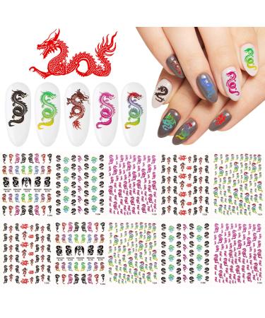 10 Sheets Dragon Nail Design Stickers 3D Self-Adhesive Dragon Nail Design Decals Dragon Designs Nail Decoration for Fingernails Manicure Decorations Nail Design Accessories