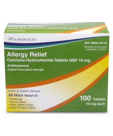 Aurohealth Allergy Relief Cetirizine Hydrochloride 10 mg Tablets 100 Count