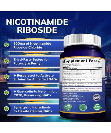 aSquared Nutrition NAD Resveratrol Supplement - NAD+ Nicotinamide Riboside 500mg (Vitamin B3) Plus Trans-Resveratrol & Quercetin - NMN Alternative for Men & Women - 60 Capsules - Buy Online on GoSupps.com