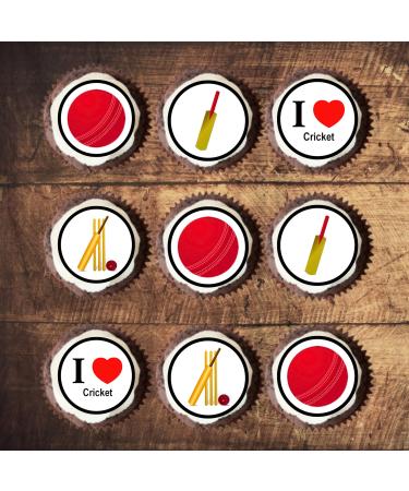 PRECUT Cricket Edible Cupcake Toppers - Sports Theme Premium Thickness SWEETENED VANILLA - wafer card disc cake decorations