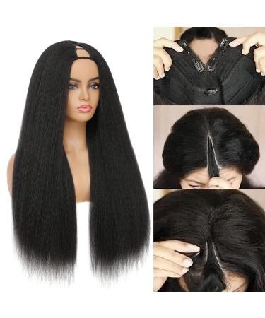 AMLSIMTE Kinky Straight V Part Wig 26 Inch Yaki Straight No Leave Out Upgrade U Part Wig No Sew In Clip In Half Wig Middle V Shape Synthetic Wigs for Black Women 1B