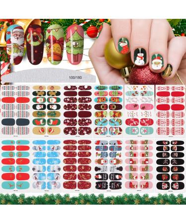 12 Sheets Christmas Nail Polish Stickers EBANKU Adhesive Full Nail Wraps Santa Claus Penguin Snowflake Design Nail Art Decals Strips with 1 Piece Nail Files for Women Girl Christmas Nail Decoration