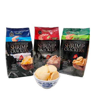 Indonesian Premium Shrimp Cracker Chips - Ready To Eat 3 Flavours Original Hot Chili and Lime Seaweed Shrimp Chips Variety Snack Pack- Contains 35% Shrimp - 9 oz Snack Bowl Included 3-Flavors
